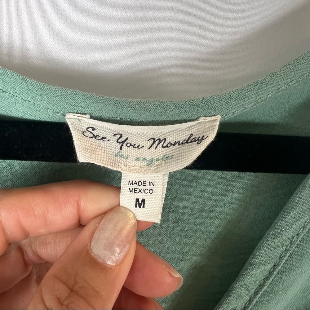 See You Monday Midi Dress  mint green, V-neck A-Line Stretchy Flared Sleeve Sz:M - Picture 9 of 15